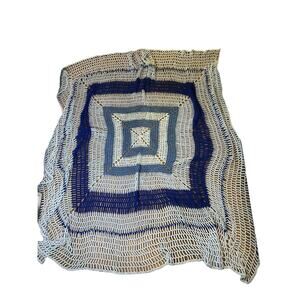 Vintage Handmade Crochet Afghan Blanket Large Blue Square Pattern Throw
